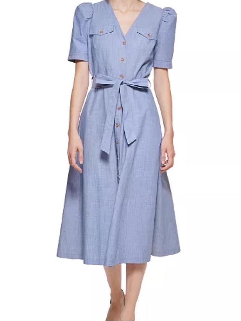 Calvin Klein Blue Chambray Midi Dress Puff Sleeve Tie Waist Coastal Cottagecore